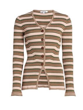NEW Veronica Beard “Grazia” Striped Button-Front Cardigan - Pink, Olive brown